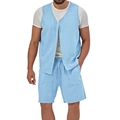 Conjunto de verano para hombre en algodón y lino azul claro con chaleco y short - M / Azul claro