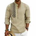 Men's khaki linen Henley shirt featuring bohemian geometric prints and long sleeves - S / Khaki