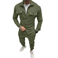 Men's olive green long sleeve polo collar jacket and matching cargo jogger pants set - Army Green