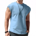 Detail of light blue sleeveless t-shirt featuring round neck and drop shoulder design - Light Blue