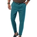 Men's slim fit teal blue linen casual trousers with drawstring waist and rolled hems - S / Teal