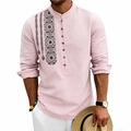 Men's bohemian linen long sleeve shirt in light pink with black geometric embroidery detail - S / Pink