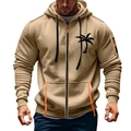 Felpa da uomo con cappuccio e zip color kaki con stampa di palma e coulisse sportiva - Taglia M / Stampa Palma Cachi
