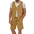 Completo da uomo in cotone e lino kaki con gilet con scollo a V e pantaloncini - M / Giallo Terra
