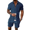 Men's blue waffle knit summer two-piece set with 1/4 zipper polo shirt and casual shorts - M / Top And Bottom / Denim Blue