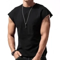 Detail of black cotton sleeveless t-shirt with rolled edges and classic crew neck - Black