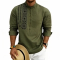 Men's olive green linen Henley shirt with long sleeves and ethnic geometric print - S / Army Green