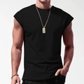 Dettaglio della maglietta fitness nera senza maniche da uomo con girocollo e vestibilità - Taglia S / Top / Nero