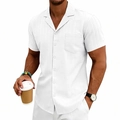 Men's summer Cuban collar shirt in white ribbed fabric with short sleeves and pocket - S / White