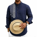 Men's navy blue linen shirt with ethnic embroidery, long sleeves, and a bohemian style - S / Navy Blue