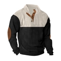 Detail showing the ribbed knit texture and brown faux leather elbow patches on the sleeve - Apricot with Black