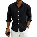 Men's casual long sleeve black linen shirt with embroidered lace texture details - S / Black