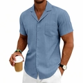 Men's Cuban collar short sleeve shirt in Morandi blue with vertical knit texture - S / Teal
