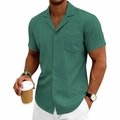 Short-sleeved dark green Cuban collar shirt for men with ribbed texture and chest pocket - S / Green
