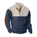 Detail of color-block corduroy sweatshirt with buttoned stand collar and elbow patches - S / Tops / Apricot with Navy Blue