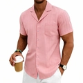 Men's casual light pink short sleeve shirt with Cuban collar and striped texture - S / Pink