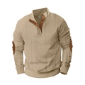 Detailed view of men's khaki waffle knit pullover with brown faux leather elbow patches - S / Tops / Khaki