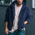 Navy blue fleece hooded jacket for men featuring thick lamb wool and zip closure - S / Tops / Navy Blue