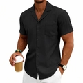 Men's black Cuban collar shirt with vertical texture and short sleeves in casual style - S / Black