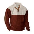 Detail showing contrast corduroy fabric with elbow patches and buttoned collar on men's shirt - S / Tops / Apricot and Wine Red
