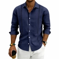 Men's casual navy blue linen long sleeve shirt featuring vertical hollow knit trim - S / Navy Blue