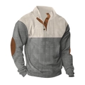 Detail of grey striped henley sweatshirt with white contrast collar and elbow patches - S / Tops / Apricot and Light Gray