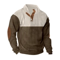 Detail of corduroy Henley shirt showing bicolored paneling and elbow patches - S / Tops / Apricot/Brown
