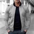 Close-up of lightweight grey bomber jacket with black ribbed collar and slim fit design - S / Light Gray