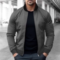 Detail of grey bomber jacket showing the ribbed collar and zip closure on male model - S / Dark Gray