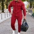 Men's burgundy faux suede jacket and jogger pants set for stylish casual street wear - Red