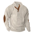 Detail view of cream Henley sweater with brown elbow patches and ribbed knit texture - 5XL / Tops / Apricot