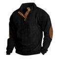 Men's black ribbed Henley shirt with contrast brown placket and elbow patches - S / Black