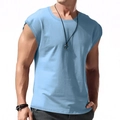 Men's casual loose sleeveless tank top in light blue knit cotton with a crew neck - M / Light Blue