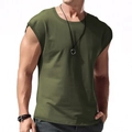 Men's olive green sleeveless t-shirt in loose fit with broad shoulder cut and round neck - M / Army Green