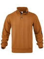 Macro view of men's brown knit sweater showing textured cable pattern and blue collar detail - Brown