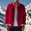 Close-up of red varsity jacket with white striped rib-knit collar and button closure - Red