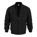 Detail of ribbed stand collar and front zipper on black men's faux suede flight jacket - S / Tops / Black