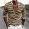 Camiseta Henley de manga larga para hombre con rayas marrones y blancas - S / Fondo Caqui Oscuro Rayas Blancas