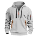 Detail view of grey hooded sweatshirt featuring fleece lining and half-zip collar design - S / Tops / Light Gray