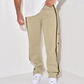 Detail view of khaki casual trousers featuring side snap buttons and black side stripes - Khaki