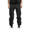 Detail of men's black cargo pants showing side flap pockets and red contrast stitching - S / Black