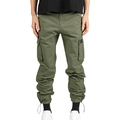 Detail of army green cargo pants with drawstring cuffs and reinforced red stitching accents - S / Army Green