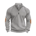 Detail view of grey ribbed sweater showing silver half-zipper and brown elbow patches - S / Tops / Light Gray