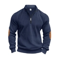 Detail of navy corduroy sweatshirt with brown elbow patches and silver half-zip design - S / Tops / Navy Blue