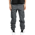 Close-up of cargo pants featuring multi-pocket design and adjustable drawstring cuffs - S / Dark Gray