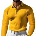 Polo à manches longues pour homme en maille gaufrée jaune avec col classique à boutons - S / Jaune