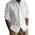 Gros plan sur la texture d'une chemise en lin blanc avec col officier et boutonnage - S / Hauts / Blanc