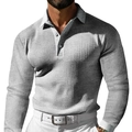Men's grey waffle knit long sleeve polo shirt with classic collar and buttons - S / Tops / Light Gray
