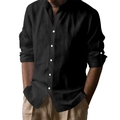 Men's black cotton linen Henley shirt with stand collar and white buttons - S / Black