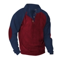 Detail of color block corduroy Henley shirt with raglan sleeves and elbow patches - Red And Navy Blue